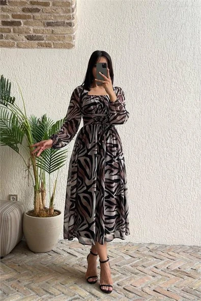 Dipmoda kadın bel detaylı desenli şifon elbise DPMY3596 - 2