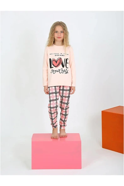Kız Çocuk Uzun Kollu %100 Pamuklu Düğmeli Pijama Takımı 10/15 Yaş