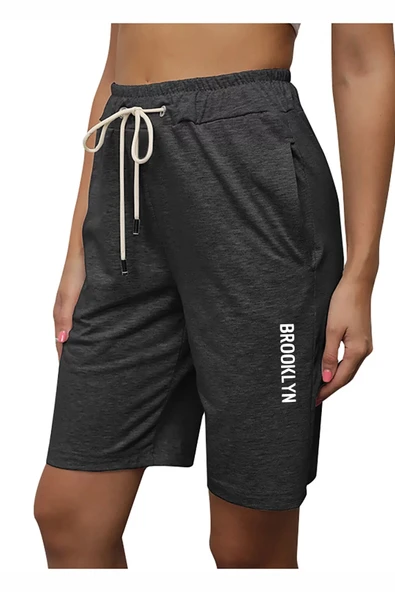 Kadın Rahat Kalıp Beli Lastikli Cepli Basklı Şort SPR24SRK208 - Resim 10