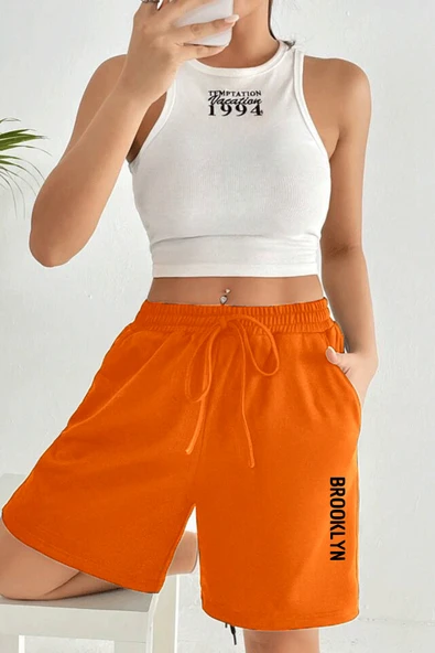 Süperlife Kadın Rahat Kalıp Beli Lastikli Cepli Basklı Şort SPR24SRK208