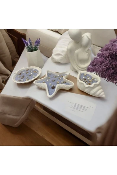 Mavi İnci Tozu Mumlu Deniz Kabuk Modeli 3lü Dekoratif  Set - 2
