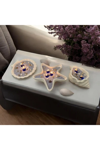 Mavi İnci Tozu Mumlu Deniz Kabuk Modeli 3lü Dekoratif  Set - 3