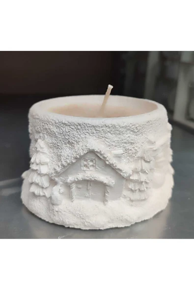Dekoratif Taş Kavanozda Orman Evi Desenli Mum