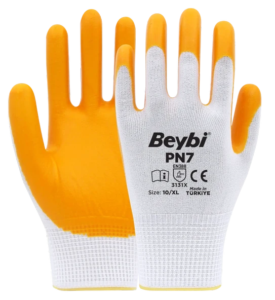 Beybi PN7 Polyester Örme Nitril Eldiven (10 Beden ) 12 Çift