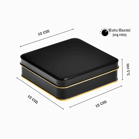 Kare Siyah Yarı Mat İçi Gold Laklı Metal Kutu Teneke Ambalaj 1 Adet - 2