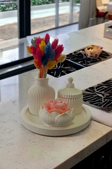 Dekoratif Hediyelik Daire Tabaklı Iskandinav Vazo Kapaklı Kutu Lotus Çiçeği Desenli Mumluk 4'lü Set - 3