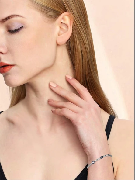 Safir Nazar Gözlü Charm Kadın Gümüş Bileklik - Resim 2