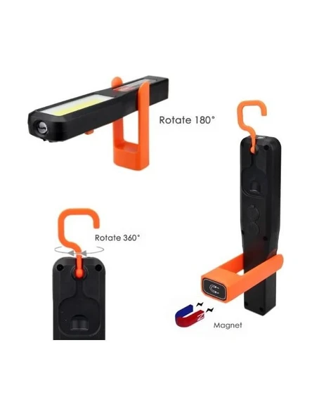 Manyetik Tamirci El Feneri 3 Modlu Şarjlı COB Xpe Led Acil Durum Kamp Tamir İkaz Lambası Askılı 3 adet - 8