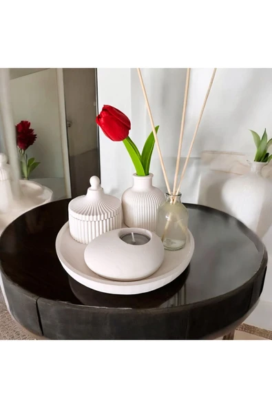 Dekoratif Tepside 6 Lı Set Çizgili Vazo Vanilya Koku Ahşap Fitil Mum Tealiaght Mumluk Oda Koku - 6