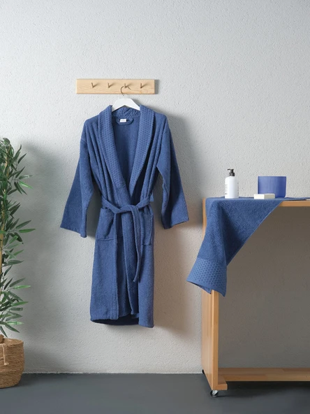 Tuwa Unisex Pamuklu L Beden Tekli Bornoz Seti - Mavi