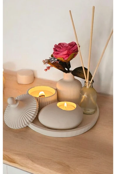 Dekoratif Tepside 6 Lı Set Çizgili Vazo Vanilya Koku Ahşap Fitil Mum Tealiaght Mumluk Oda Koku - 5