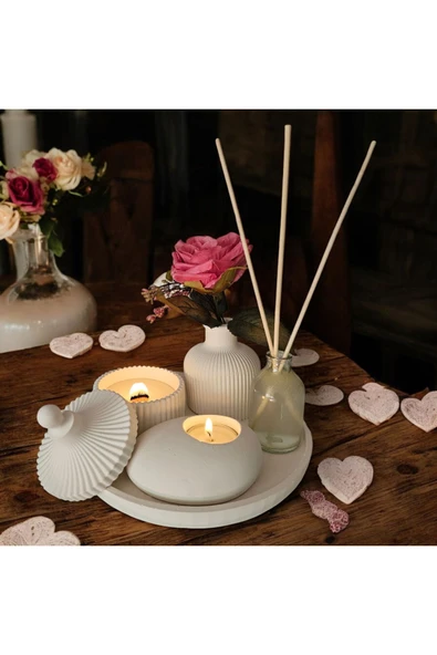 Dekoratif Tepside 6 Lı Set Çizgili Vazo Vanilya Koku Ahşap Fitil Mum Tealiaght Mumluk Oda Koku - 7
