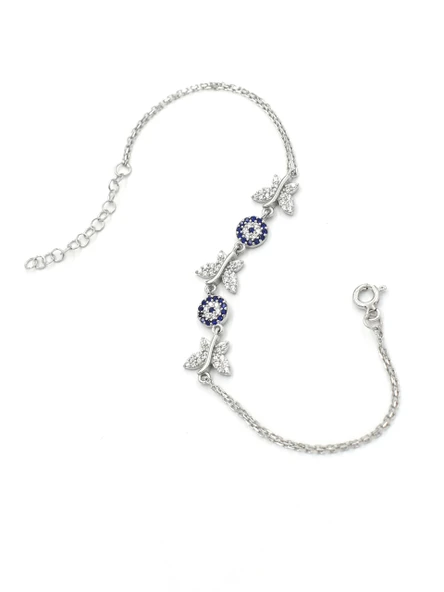 Safir Nazar Gözlü ve Kelebek Figürlü Kadın Gümüş Bileklik - 3