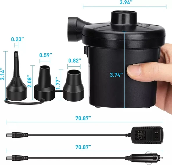 Elektrikli Çift Fonksiyonlu 3 Başlıklı Şişirme Pompası Araç Çakmak Girişli Elektrikli Pompa - 4