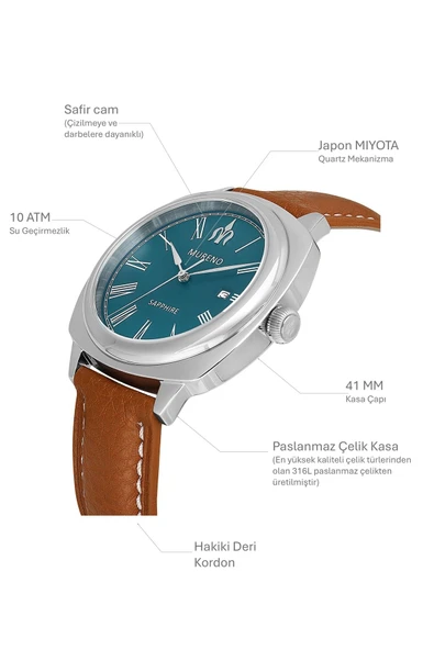 Safir Cam / 10 Atm / Paslanmaz Çelik (316L) / Hakiki Deri Erkek Kol Saati V4 - 2