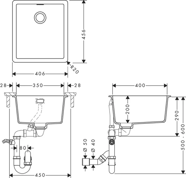 Hansgrohe S520-F350 Ankastre Granit Eviye Manuel gider seti ile Taş Grisi - 2