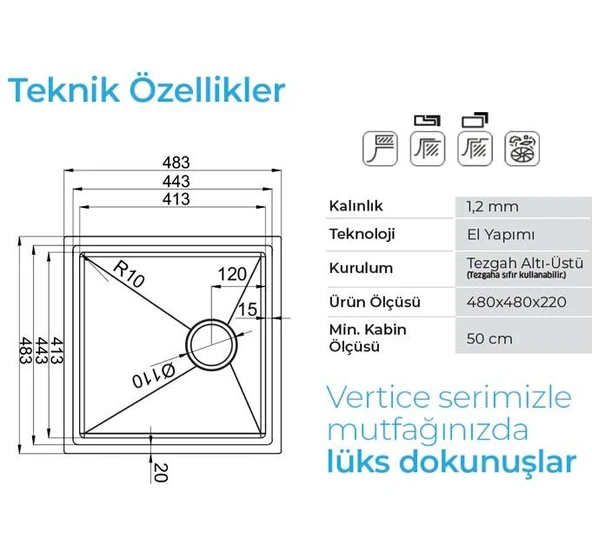 Crauf Vertice 480x480x220 Mat Gri Eviye - 2