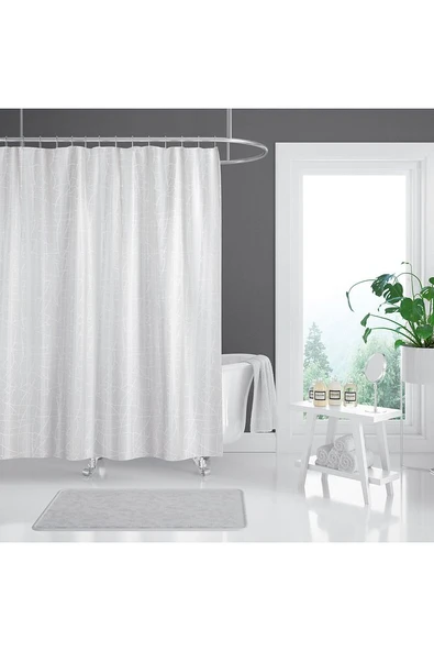 Duş Perdesi Mermer Desenli Banyo Perdesi Çift Kanat 2x120x200cm 16 Adet C Halka Hediyeli