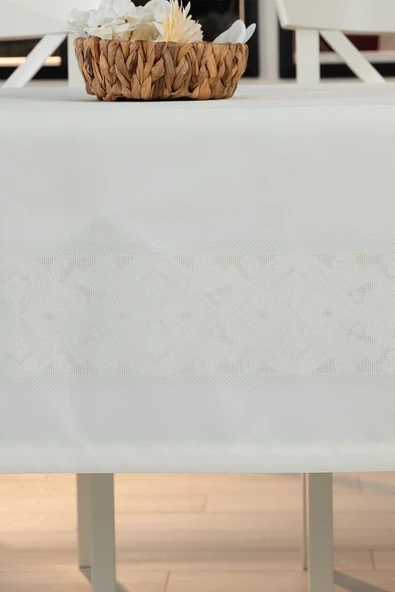 Jumbo Jakar Pano Desen Leke Tutmaz Jakarlı 150x250 Cm Lüks 8 Kişilik Masa Örtüsü Krem - 4