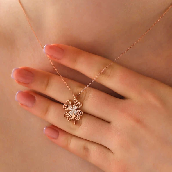 925 Ayar Gümüş Rose Dört Yapraklı Yonca Kadın Kolye - Resim 2