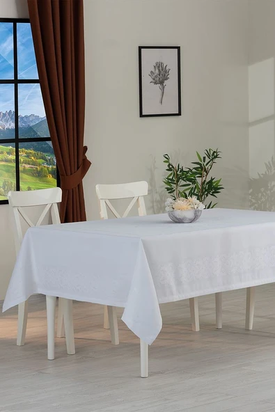 Jumbo Jakar Pano Desen Leke Tutmaz Jakarlı 150x250 Cm Lüks 8 Kişilik Masa Örtüsü Krem - 9