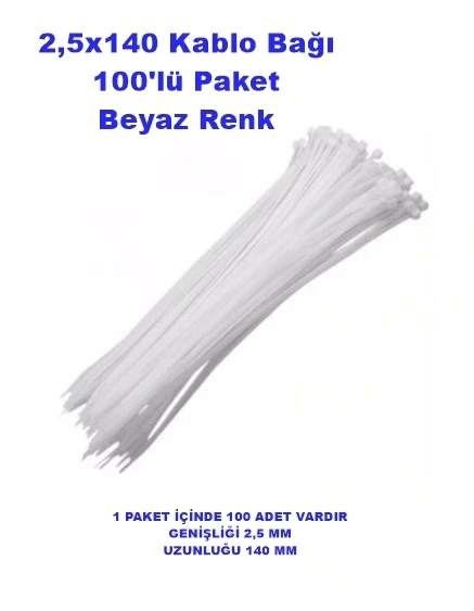PEMSAN Klips Kablo Bağı 2.5x140 BEYAZ (100lü Paket) Kablo Cırdı