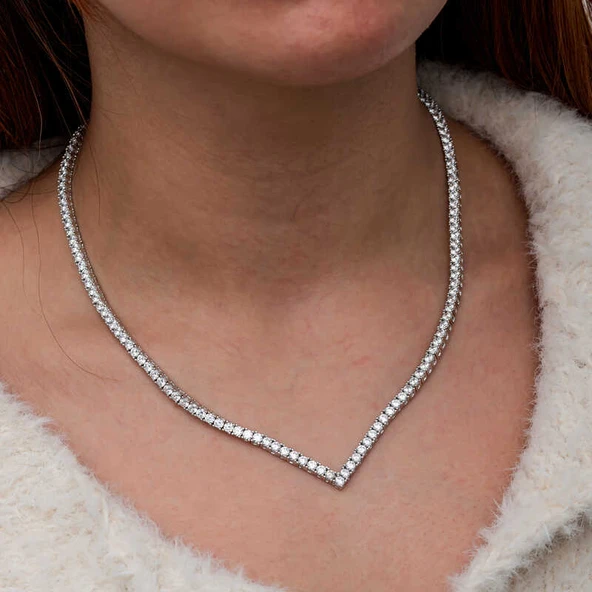 Gümüş V Model Su Yolu Kadın Kolye  SL10074 - Resim 5