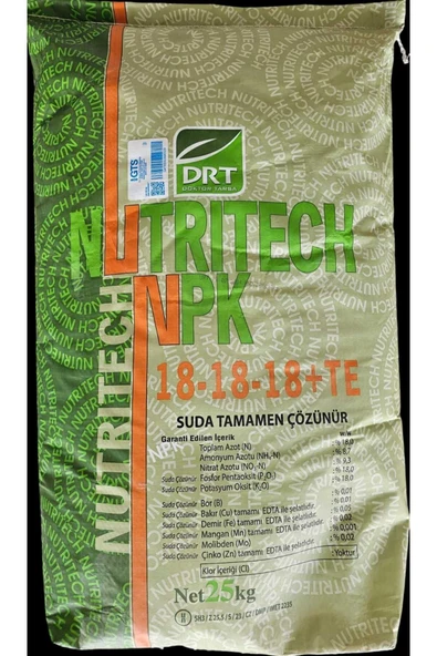 Damlama Gübresi NPK Dengeli Nutritech 18-18-18+TE Dengeli Gübre 25 kg