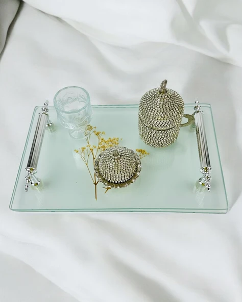 Reflection Gümüş Şeffaf Söz Tepsisi ve Damat Kahve Tepsisi krem - 4