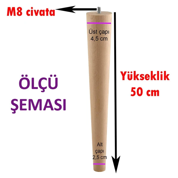 4 Adet Ahşap Ayak 50 Cm Masa Zigon Sehpa TV Ünitesi Puf Tabure Ayağı Ayakları Konik M8 Civatalı - 2