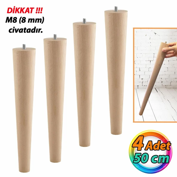 4 Adet Ahşap Ayak 50 Cm Masa Zigon Sehpa TV Ünitesi Puf Tabure Ayağı Ayakları Konik M8 Civatalı