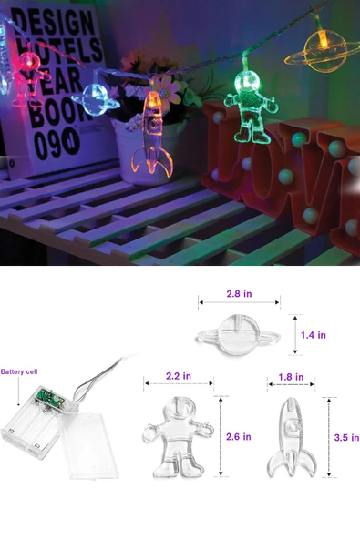 Dekoratif Astronot Uzay Temalı 10 LED’li Şerit Lamba – Pilli, 2 Metre, Bebek & Çocuk Odası Işığı - 4