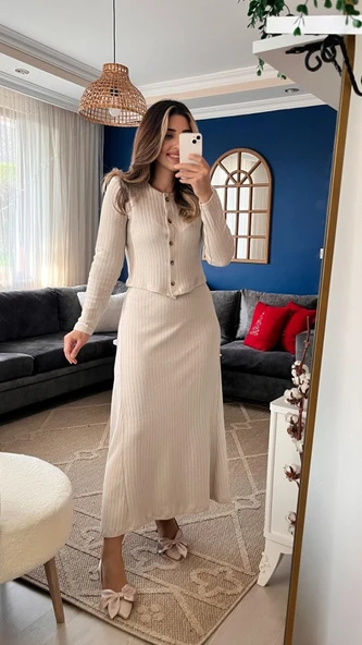 Lucky Life Kadın Uzun Kollu önden Düğmeli Bluz Ve Yüksek Bel A Kesim Uzun Etek şardonlu Kaşkorse Ikili Takım - Resim 2