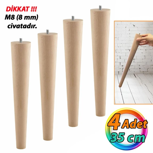 4 Adet Ahşap Ayak 35 Cm Masa Zigon Sehpa TV Ünitesi Puf Tabure Ayağı Ayakları Konik M8 Civatalı ürün görseli 1