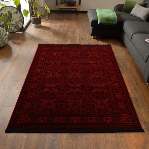 Afgan Türkmen Otantik Desenli Dokuma Kırmızı Oturma Odası Salon Mutfak Halısı 7143H