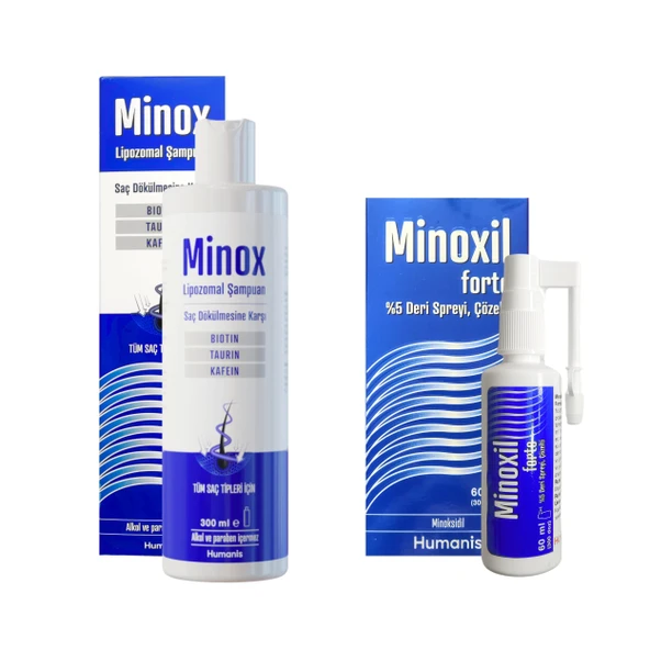 Minox Saç Dökülmesine Karşı Lipozomal Şampuan 300 ml Ve Minoxil Forte %5 60 ml Paket Deri Bakım Spreyi