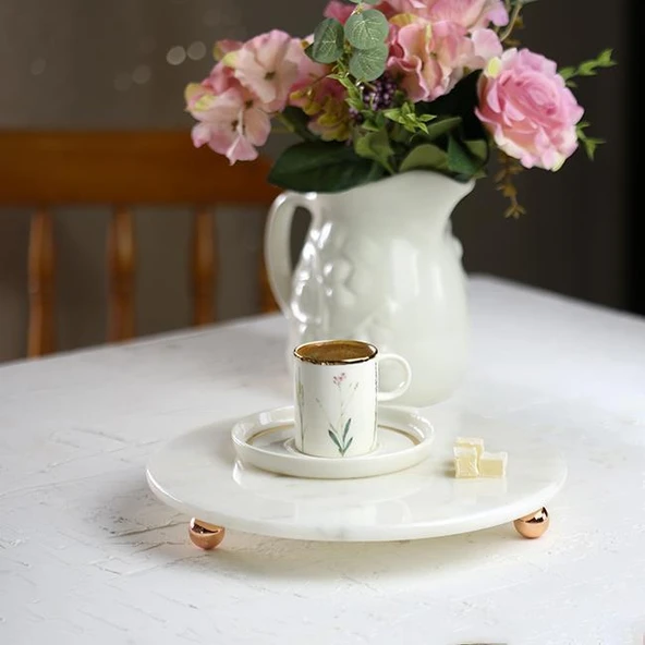 Akayev Mermer Beyaz 19 cm Rose Gold Boncuk Ayaklı Kahve Sunumluk - Yağ ve Takı Standı