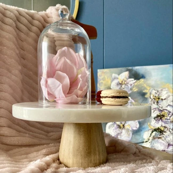 Akayev Mermer 28 Cm Konik Ahşap Ayaklı Beyaz Kalın Yuvarlak Sunum Tabağı