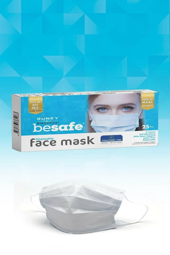 Besafe Full Ultrasonik Cerrahi Maske 3 Katlı Meltblown Kumaş 25 Adet Mavi