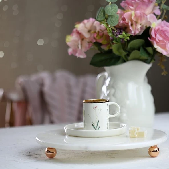 Akayev Mermer Beyaz 19 cm Rose Gold Boncuk Ayaklı Kahve Sunumluk - Yağ ve Takı Standı - 3