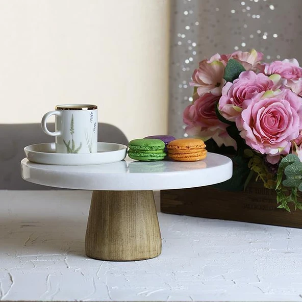 Akayev Mermer 28 Cm Konik Ahşap Ayaklı Beyaz Kalın Yuvarlak Sunum Tabağı - 5