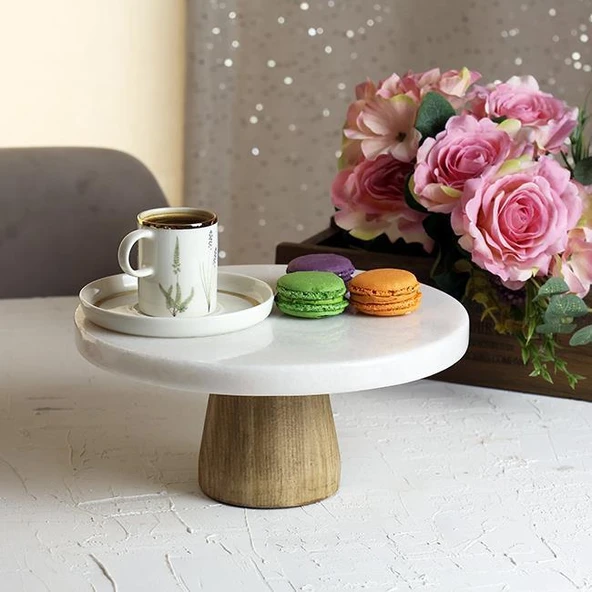 Akayev Mermer 28 Cm Konik Ahşap Ayaklı Beyaz Kalın Yuvarlak Sunum Tabağı - 4