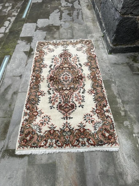 120x220 cm El Dokuma Vintage Halı, Türk Kilimi, Doğal Kahverengi-Bej Tonları, Antika Yün Halı, Dekoratif Hediye