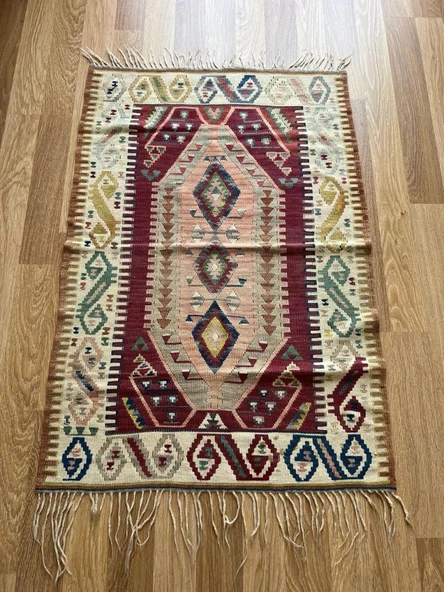 80x123 cm Vintage Türk Geometrik Kilim, Küçük Boy Pastel Renkli Kilim, 40 Yıllık El Dokuma Şık Kilim ürün görseli 1