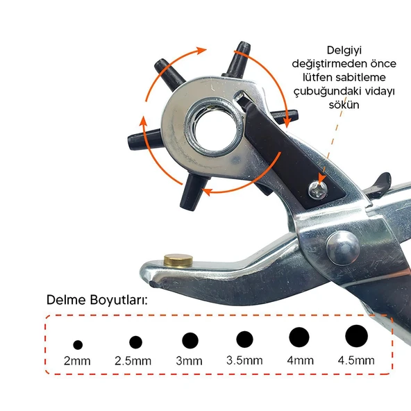 Perçin Perçinleme Kemer Deri Delme Pensesi Metal 2'li Set 6 Farklı Boyutta Delici Delik Açıcı - 4