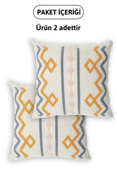 Geometrik Keten Punch Nakışlı 2'li Kırlent Kılıfı 42x42 - Turuncu - Resim 5