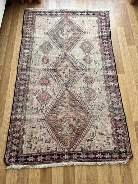 110x185 cm Bohem Stili Türk Kilim, Hayvan Desenli El Dokuma Kilim, Harika Kondisyonlu Ev & Ofis Kilim - 8