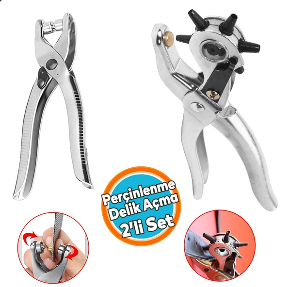 Perçin Perçinleme Kemer Deri Delme Pensesi Metal 2'li Set 6 Farklı Boyutta Delici Delik Açıcı
