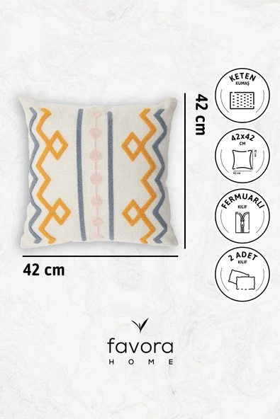 Geometrik Keten Punch Nakışlı 2'li Kırlent Kılıfı 42x42 - Turuncu - Resim 6