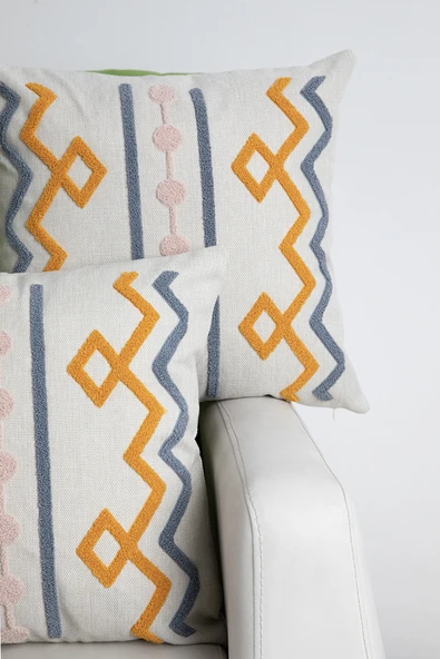 Geometrik Keten Punch Nakışlı 2'li Kırlent Kılıfı 42x42 - Turuncu - Resim 2